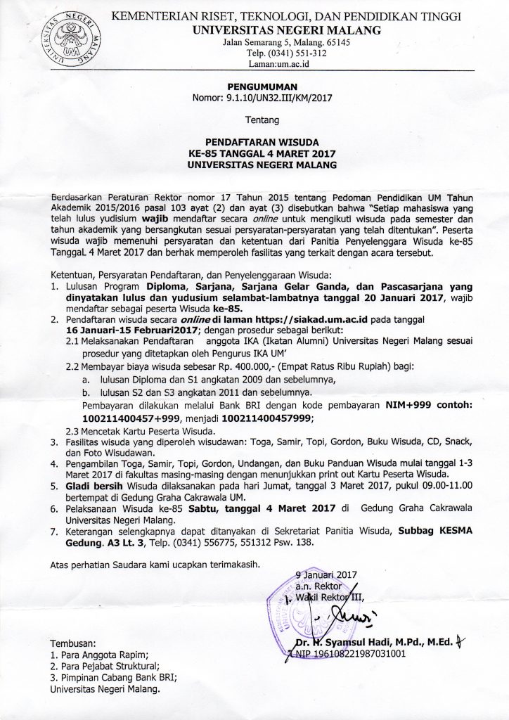 pengumuman pendaftaran wisuda um ke 85